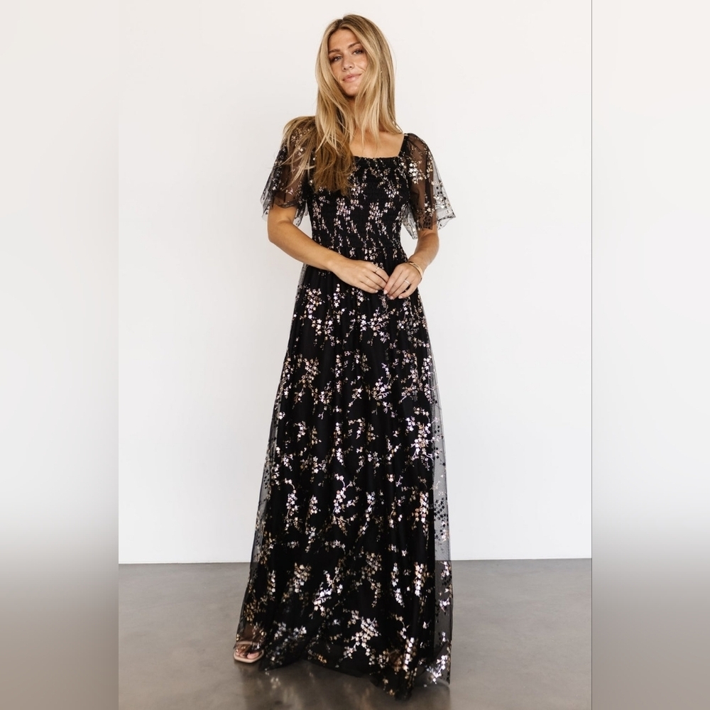 Baltic Born Black Maxi Dress with Silver Sequin Floral